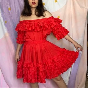VINTAGE Red Ruffle Square-dancing 2 Piece Set
